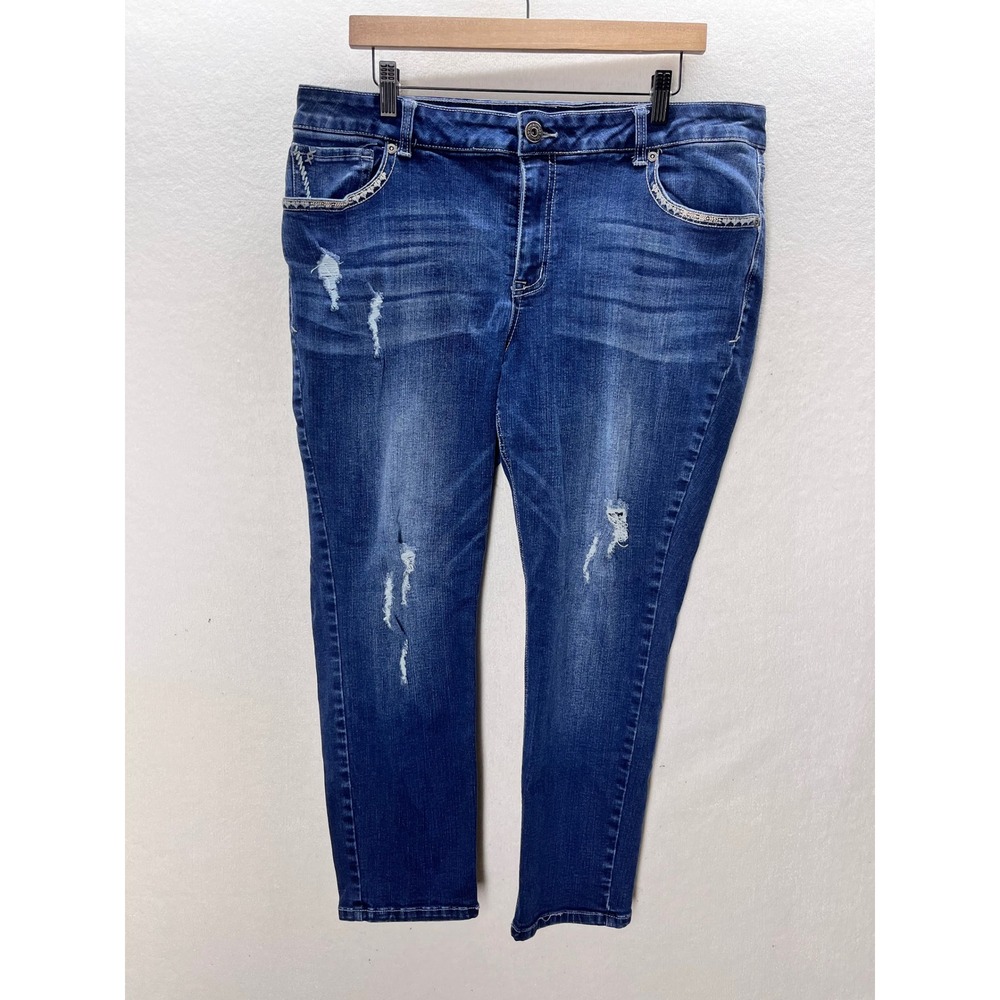 Maurices Skinny Jeans Womens 18W Plus Blue Distressed Rhinestone Pocket 3238
